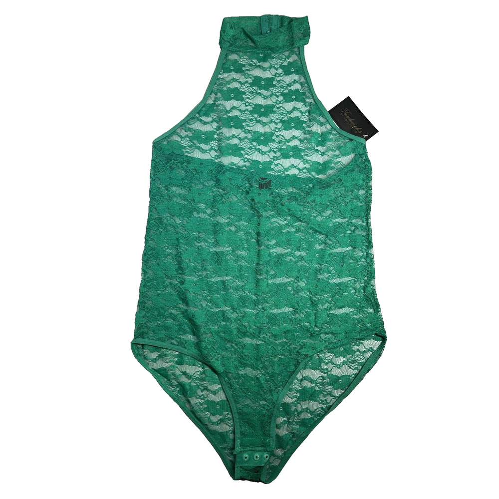 Fredericks of Hollywood Halter Lace Bodysuit Teddy Large Green Sheer Sleeveless